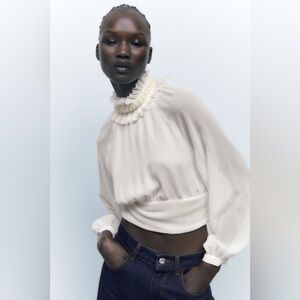 ZARA White Sheer Chiffon Flowy Blouse with Ruffle and Pearl Neckline - Size XS